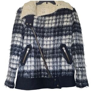 Free People Moto Jacket Women XS Blue White Plaid Faux Fur Collar Wool Blend